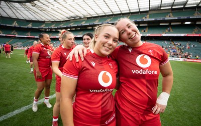 270626 - Barbarians v Wales Women - Kelsie Webster of Wales and Katherine Baverstock of Wales celebrate at the end of the match