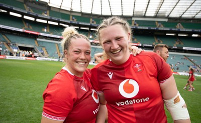 270626 - Barbarians v Wales Women - Kelsey Jones of Wales and Alaw Pyrs of Wales at the end of the match