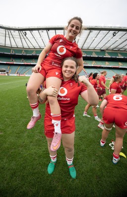 270626 - Barbarians v Wales Women - Lily Hawkins of Wales is held aloft by Maisie Davies of Wales at the end of the match