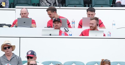 270626 - Barbarians v Wales Women - Wales management ahead of the match, back row left to right, Sean Lynn, Wales Women head coach, Ashley Beck, Wales Women interim attack coach, Analyst Tom Shephard, front row Analyst Adam Fuge and Tyrone Holmes, Wales Women defence coach