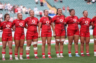 270626 - Barbarians v Wales Women - Wales line up for the anthems Left to right, Lily Hawkins, Kelsie Webster, Katherine Baverstock, Nel Metcalfe, Branwen Metcalfe, Stella Orrin and Molly Reardon