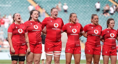 270626 - Barbarians v Wales Women - Wales line up for the anthems Left to right, Alex Callender, Maisie Davies, Alaw Pyrs, Amy Williams, Freya Bell and Lily Hawkins