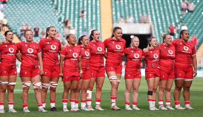 270626 - Barbarians v Wales Women - Wales line up for the anthems Left to right, Lucy Isaac, Alisha Joyce, Bryonie King, Jenna De Vera, Kayleigh Powell, Courtney Keight, Jorja Aiono, Seren Lockwood, Keira Bevan, Kelsey Jones and Sisilia Tuipulotu