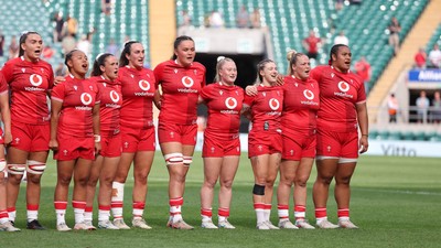 270626 - Barbarians v Wales Women - Wales line up for the anthems Left to right, Bryonie King, Jenna De Vera, Kayleigh Powell, Courtney Keight, Jorja Aiono, Seren Lockwood, Keira Bevan, Kelsey Jones and Sisilia Tuipulotu