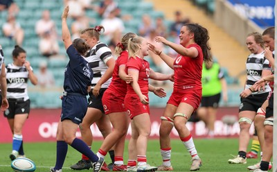 270626 - Barbarians v Wales Women - Seren Lockwood of Wales celebrates with Jorja Aiono of Wales after scoring try