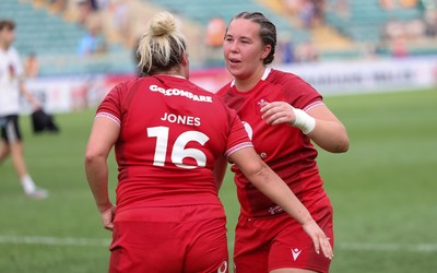 270626 - Barbarians v Wales Women - Katherine Baverstock of Wales and Kelsey Jones of Wales at the end of the match