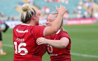 270626 - Barbarians v Wales Women -  Kelsey Jones of Wales with Seren Lockwood of Wales at the end of the match