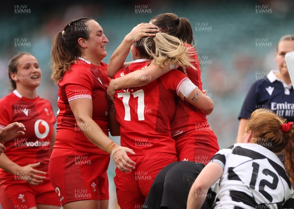 270626 - Barbarians Women v Wales Women - Friendly - Amy Williams of Wales celebrates scoring a try with team mates
