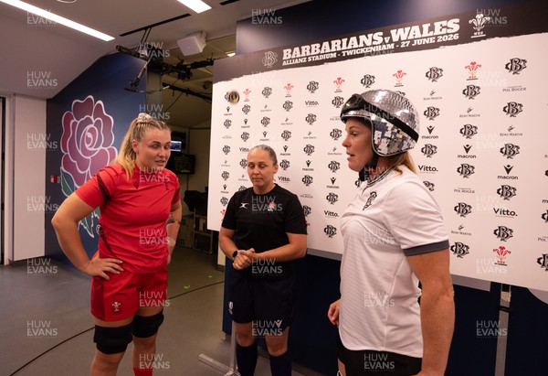 270626 - Barbarians v Wales Women - Alex Callender of Wales and Emily Chancellor of Barbarians at the coin toss