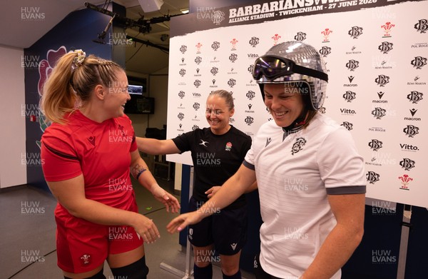 270626 - Barbarians v Wales Women - Alex Callender of Wales and Emily Chancellor of Barbarians at the coin toss