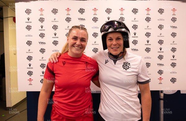270626 - Barbarians v Wales Women - Alex Callender of Wales and Emily Chancellor of Barbarians at the coin toss