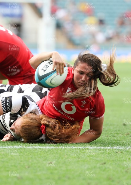 270626 - Barbarians v Wales Women - Kayleigh Powell of Wales powers over to score try