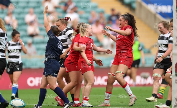 270626 - Barbarians v Wales Women - Seren Lockwood of Wales celebrates after scoring try