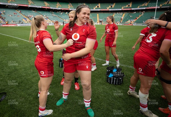 270626 - Barbarians v Wales Women - Maisie Davies of Wales and Seren Lockwood of Wales celebrate at the end of the match