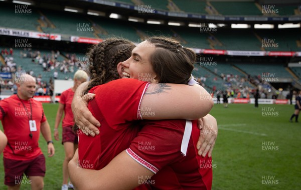 270626 - Barbarians v Wales Women - Bryonie King of Wales and Maisie Davies of Wales celebrate at the end of the match