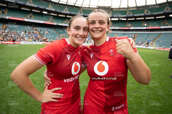 270626 - Barbarians v Wales Women - Sisters Nel Metcalfe of Wales and Branwen Metcalfe of Wales celebrate at the end of the match