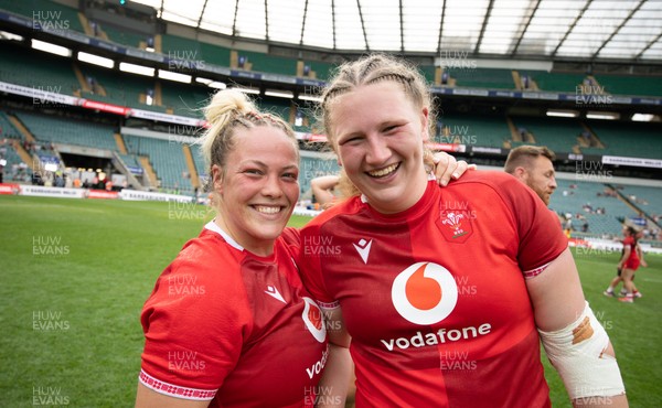 270626 - Barbarians v Wales Women - Kelsey Jones of Wales and Alaw Pyrs of Wales at the end of the match