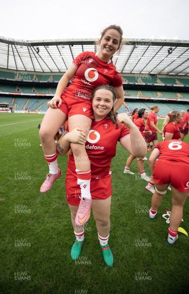 270626 - Barbarians v Wales Women - Lily Hawkins of Wales is held aloft by Maisie Davies of Wales at the end of the match