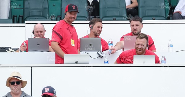 270626 - Barbarians v Wales Women - Wales management ahead of the match, left to right, Sean Lynn, Wales Women head coach, Analyst Adam Fuge, Ashley Beck, Wales Women interim attack coach, Analyst Tom Shephard and Tyrone Holmes, Wales Women defence coach