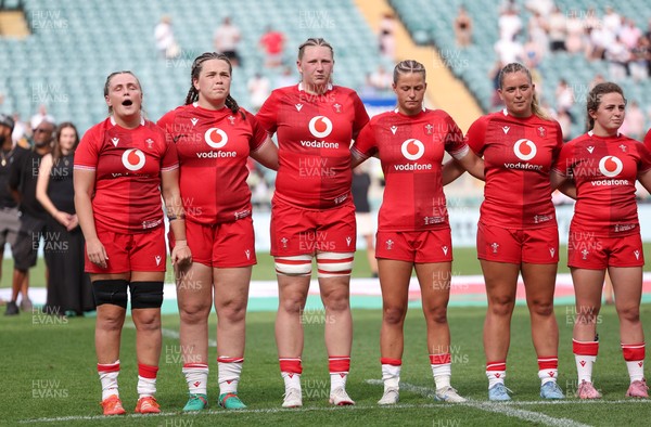 270626 - Barbarians v Wales Women - Wales line up for the anthems Left to right, Alex Callender, Maisie Davies, Alaw Pyrs, Amy Williams, Freya Bell and Lily Hawkins