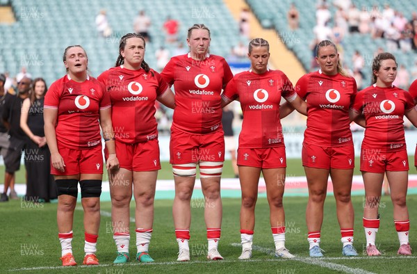 270626 - Barbarians v Wales Women - Wales line up for the anthems Left to right, Alex Callender, Maisie Davies, Alaw Pyrs, Amy Williams, Freya Bell and Lily Hawkins
