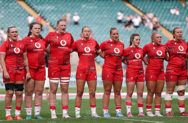 270626 - Barbarians v Wales Women - Wales line up for the anthems Left to right, Alex Callender, Maisie Davies, Alaw Pyrs, Amy Williams, Freya Bell, Lily Hawkins, Kelsie Webster and Katherine Baverstock, 