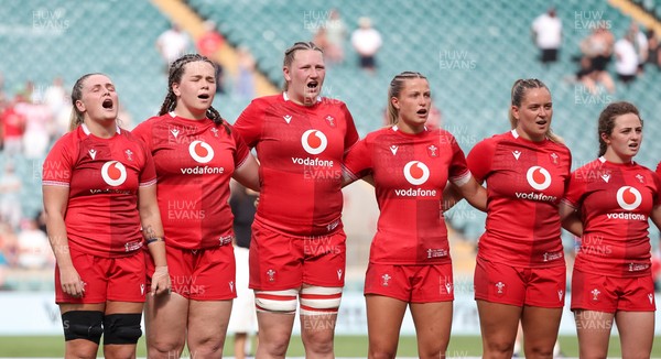 270626 - Barbarians v Wales Women - Wales line up for the anthems Left to right, Alex Callender, Maisie Davies, Alaw Pyrs, Amy Williams, Freya Bell and Lily Hawkins