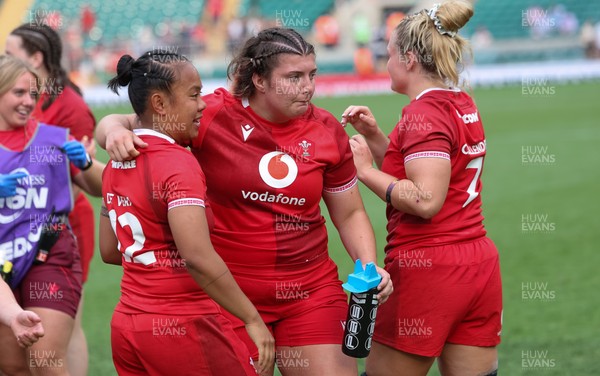 270626 - Barbarians v Wales Women - Stella Orrin of Wales and Jenna De Vera of Wales at the end of the match