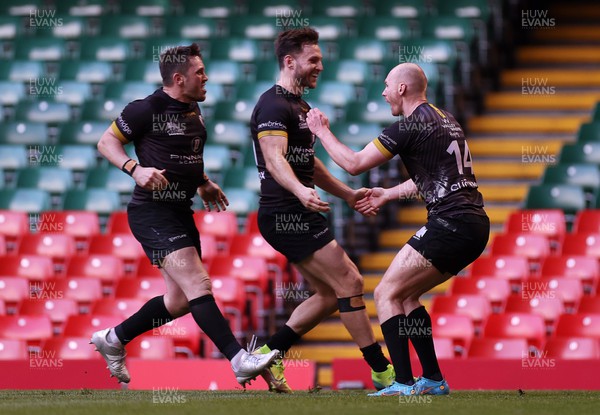 240422 - WRU Championship Cup Final � Bargoed v Neath - James Roberts of Neath celebrates scoring a try with team mates