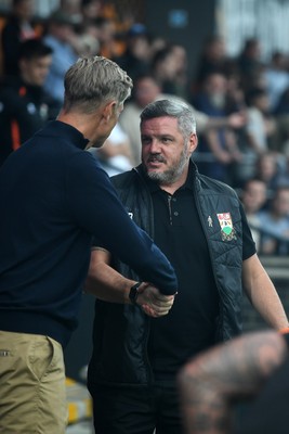 290725 - Barnet v Newport County - Carabao Cup Preliminary Round - Newport County Manager, David Hughes and Dean Brennan, Barnet Manager at the start of the game