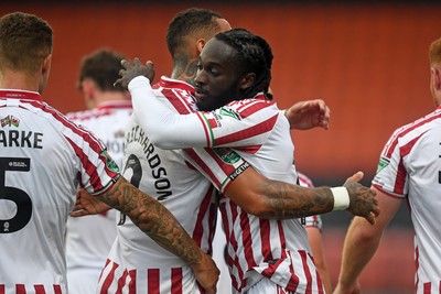 290725 - Barnet v Newport County - Carabao Cup Preliminary Round - Cameron Antwi of Newport County celebrates scoring the first goal of the match