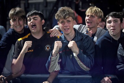 290725 - Barnet v Newport County - Carabao Cup Preliminary Round - Fans celebrate the win at full time