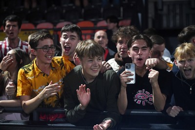 290725 - Barnet v Newport County - Carabao Cup Preliminary Round - Fans celebrate the win at full time