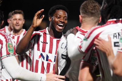 290725 - Barnet v Newport County - Carabao Cup Preliminary Round - Bobby Kamwa of Newport County celebrates the win at full time