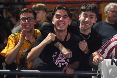 290725 - Barnet v Newport County - Carabao Cup Preliminary Round - Fans celebrate the win at full time