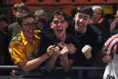290725 - Barnet v Newport County - Carabao Cup Preliminary Round - Fans celebrate the win at full time