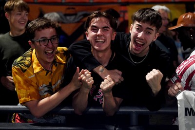 290725 - Barnet v Newport County - Carabao Cup Preliminary Round - Fans celebrate the win at full time