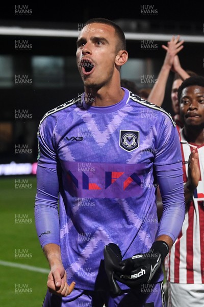 290725 - Barnet v Newport County - Carabao Cup Preliminary Round - Nik Tzanev of Newport County celebrates with fans at full time