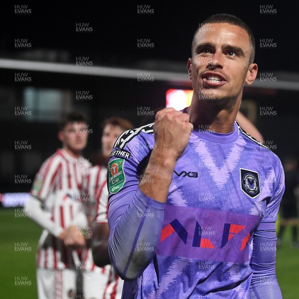 290725 - Barnet v Newport County - Carabao Cup Preliminary Round - Nik Tzanev of Newport County celebrates the win at full time