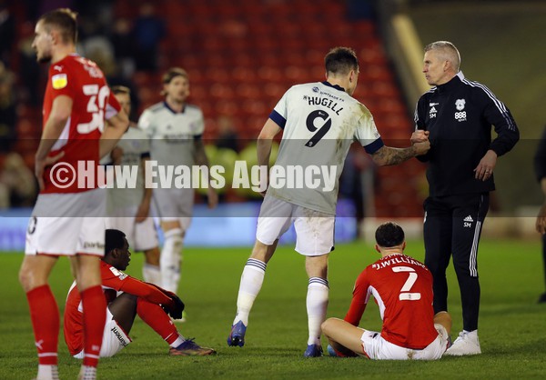 020222 - Barnsley v Cardiff City - Sky Bet Championship - Manager Steve Morison of Cardiff celebrates with Jordan Hugill of Cardiff at the end of the match leaving Barnsley floored