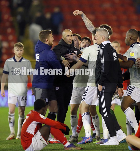 020222 - Barnsley v Cardiff City - Sky Bet Championship - Manager Steve Morison of Cardiff and Barnsley  assistant coach Joseph Laumann have words at the end of the match