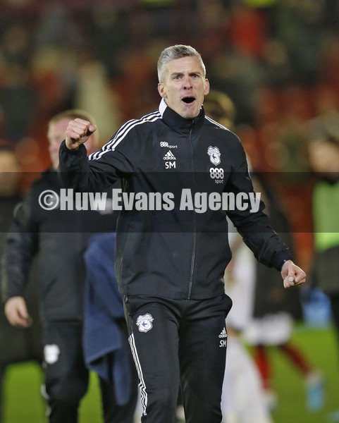020222 - Barnsley v Cardiff City - Sky Bet Championship - Manager Steve Morison of Cardiff at the end of the match celebrates to fans