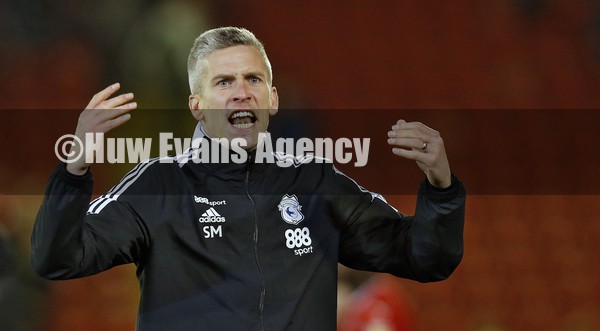 020222 - Barnsley v Cardiff City - Sky Bet Championship - Manager Steve Morison of Cardiff  at the end of the match celebrates to fans