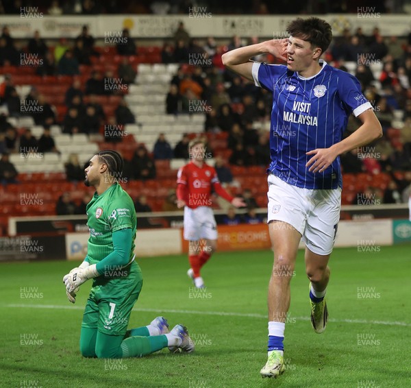 100326 - Barnsley v Cardiff City - Sky Bet League 1  Rubin Colwill of Cardiff scores the 1st goal of the match leaving Goalkeeper Owen Goodman of Barnsley floored
