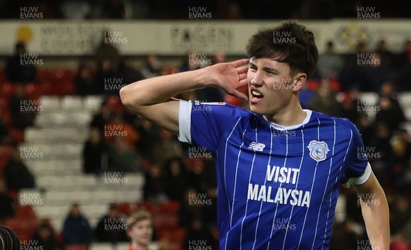 100326 - Barnsley v Cardiff City - Sky Bet League 1  Rubin Colwill of Cardiff scores the 1st goal of the match leaving Goalkeeper Owen Goodman of Barnsley floored