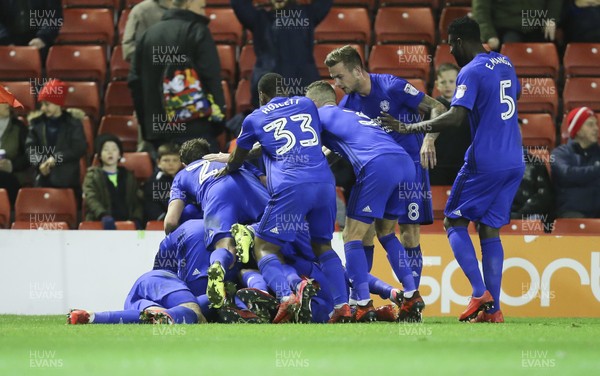 211117 - Barnsley v Cardiff City, Sky Bet Championship - Cardiff players celebrate after Callum Paterson of Cardiff City scores goal