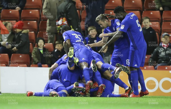 211117 - Barnsley v Cardiff City, Sky Bet Championship - Cardiff players celebrate after Callum Paterson of Cardiff City scores goal