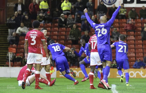 211117 - Barnsley v Cardiff City, Sky Bet Championship - Callum Paterson of Cardiff City wheels away to celebrate with Sol Bamba of Cardiff City after scoring goal