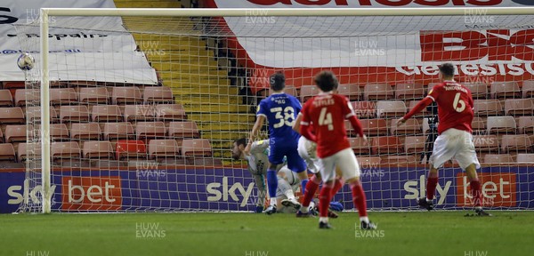 270121 - Barnsley v Cardiff City - Sky Bet Championship - Mads Andersen of Barnsley [rt] puts the ball past Goalkeeper Alex Smithies of Cardiff for the 1st goal of the match