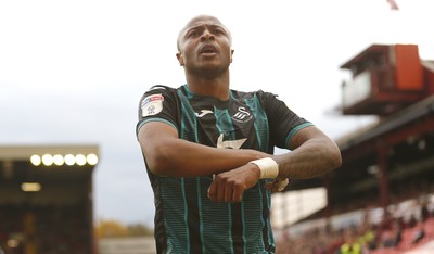 191019 - Barnsley v Swansea City - Sky Bet Championship - Andre Ayew of Swansea celebrates scoring the 1st goal of the match 